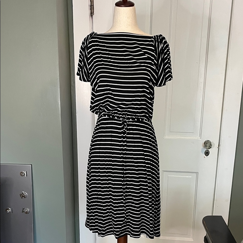 LOFT Black and White Striped Midi Dress